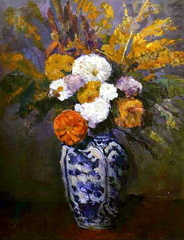 Dahlias dans un grand vase de Delft