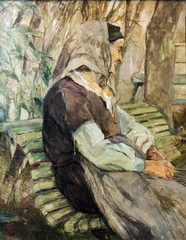 Vieille femme assise sur un banc à Céleyran