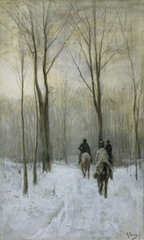 Cavaliers dans la neige dans la forêt de Haye